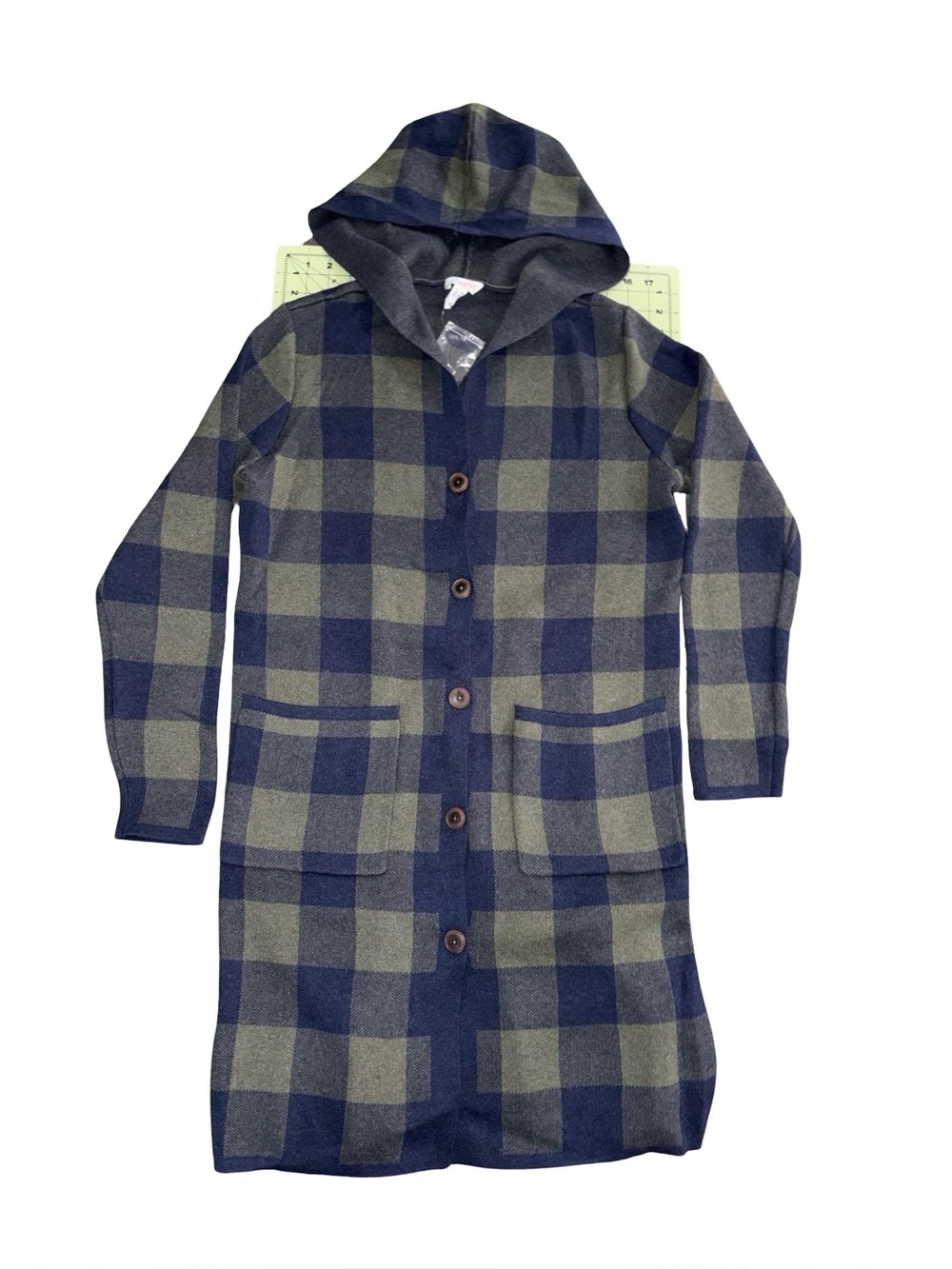 Long Hooded Plaid Button-Up Cardigan Sweater - Blue/Gray